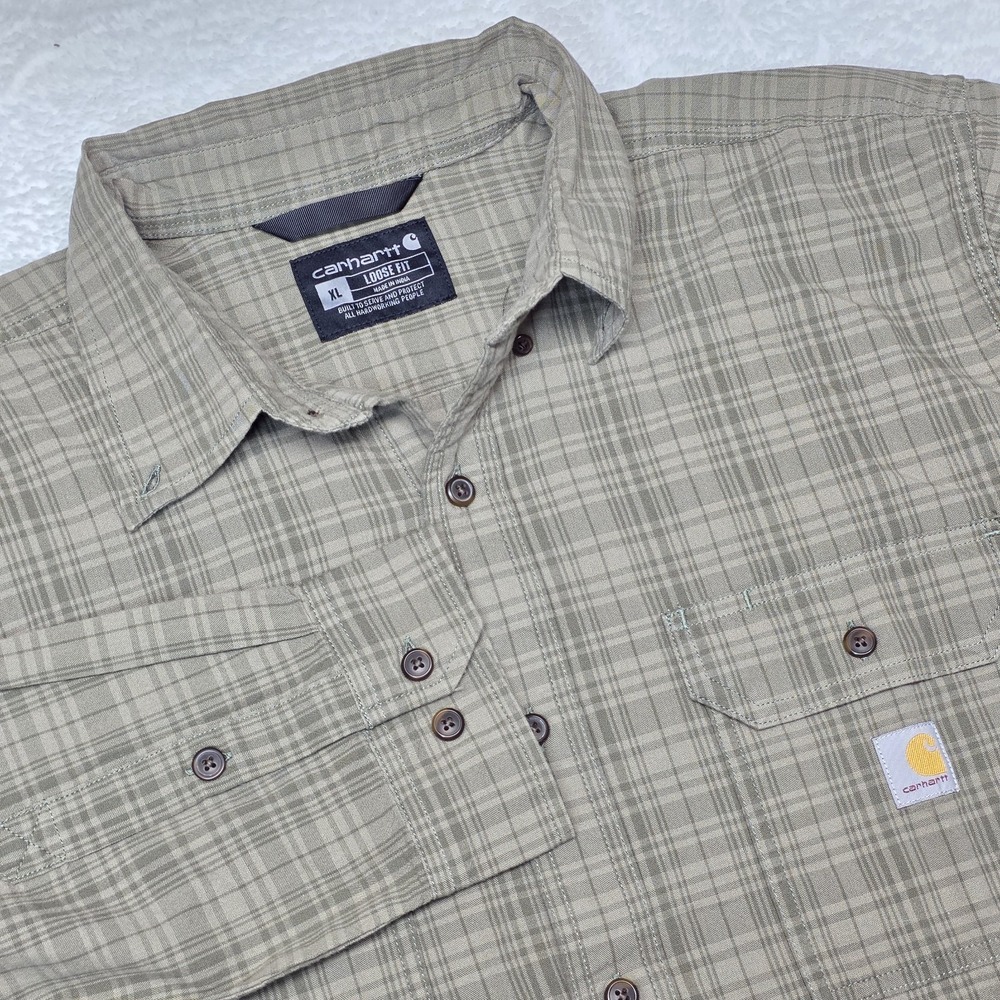 Carhartt Shirt Men's XL Midweight Chambray Butt9n Down LS Plaid Loose Fit Green